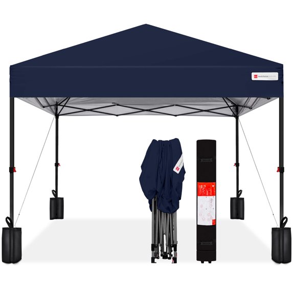 Best Choice Products 10x10ft Easy Setup Pop Up Canopy w/ 1-Button Setup, Wheeled Case, 4 Weight Bags - Navy Blue