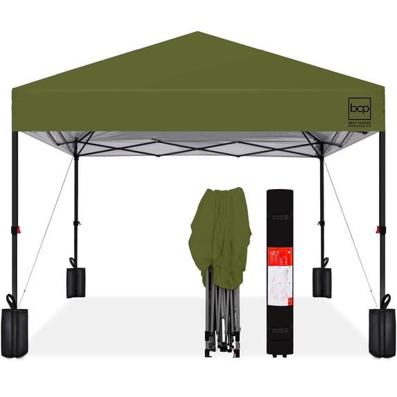 Best Choice Products 10x10ft Easy Setup Pop Up Canopy w/ 1-Button Setup, Wheeled Case, 4 Weight Bags - Olive Green