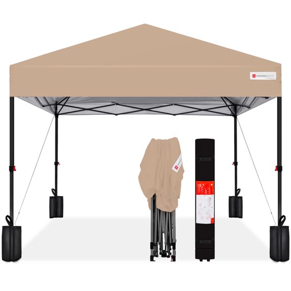 Best Choice Products 10x10ft Easy Setup Pop Up Canopy w/ 1-Button Setup, Wheeled Case, 4 Weight Bags - Tan