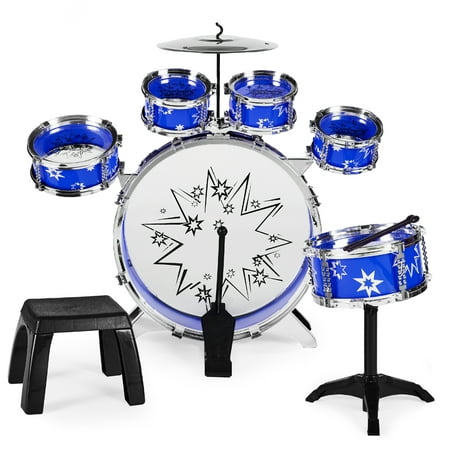 Best Choice Products 11-Piece Kids Starter Drum Set w/ Bass Drum, Tom Drums, Snare, Cymbal, Stool, Drumsticks - Blue