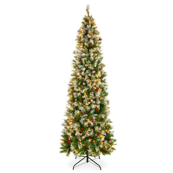 Best Choice Products 12ft Pre-Lit Pencil Christmas Tree, Pre-Decorated, Frosted w/ 1,818 Flocked Tips, 700 Lights, Base