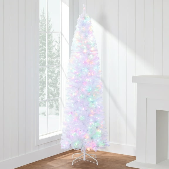 Best Choice Products 12ft Pre-Lit White Pencil Christmas Tree w/ Foldable Base, 900 2-in-1 Multicolor Lights