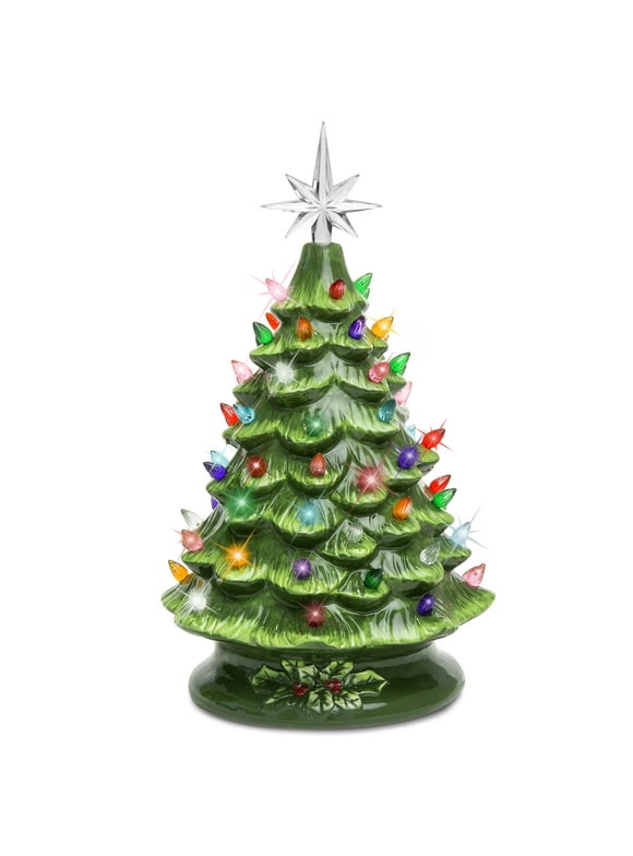 Best Choice Products 15in Ceramic Christmas Tree, Pre-lit Hand-Painted Holiday Decor w/ 64 Lights - Green w/ Multicolor Bulbs