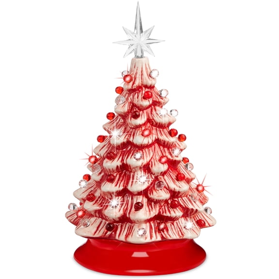 Best Choice Products 15in Ceramic Christmas Tree, Pre-lit Hand-Painted Holiday Decor w/ 64 Lights - Peppermint w/ Red & White Bulbs