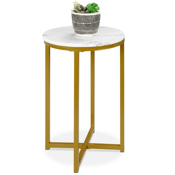 Best Choice Products 16in Faux Marble Modern Round Living Room Accent Side Table w/ Metal Frame - White/Bronze Gold