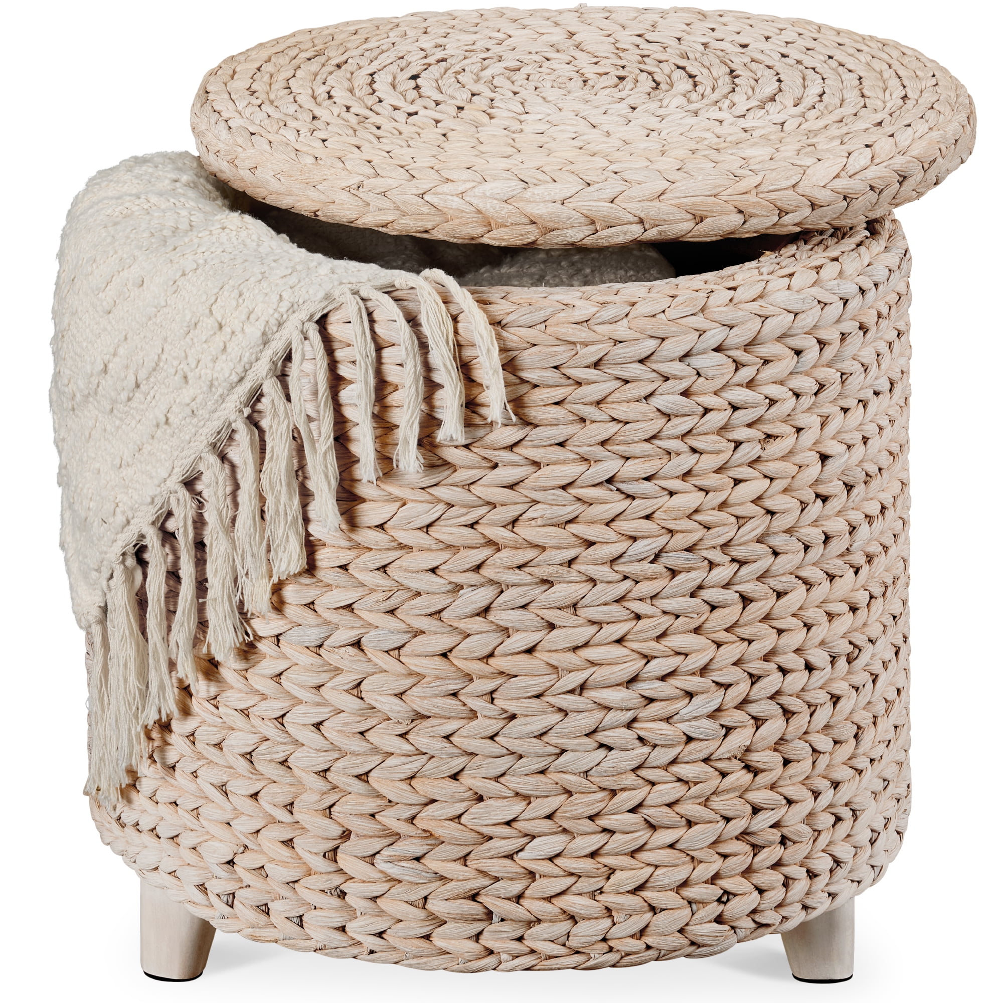 Best Choice Products 17" Round Storage Ottoman with Lid - Handwoven Water Hyacinth Modern Footstool, Whitewash