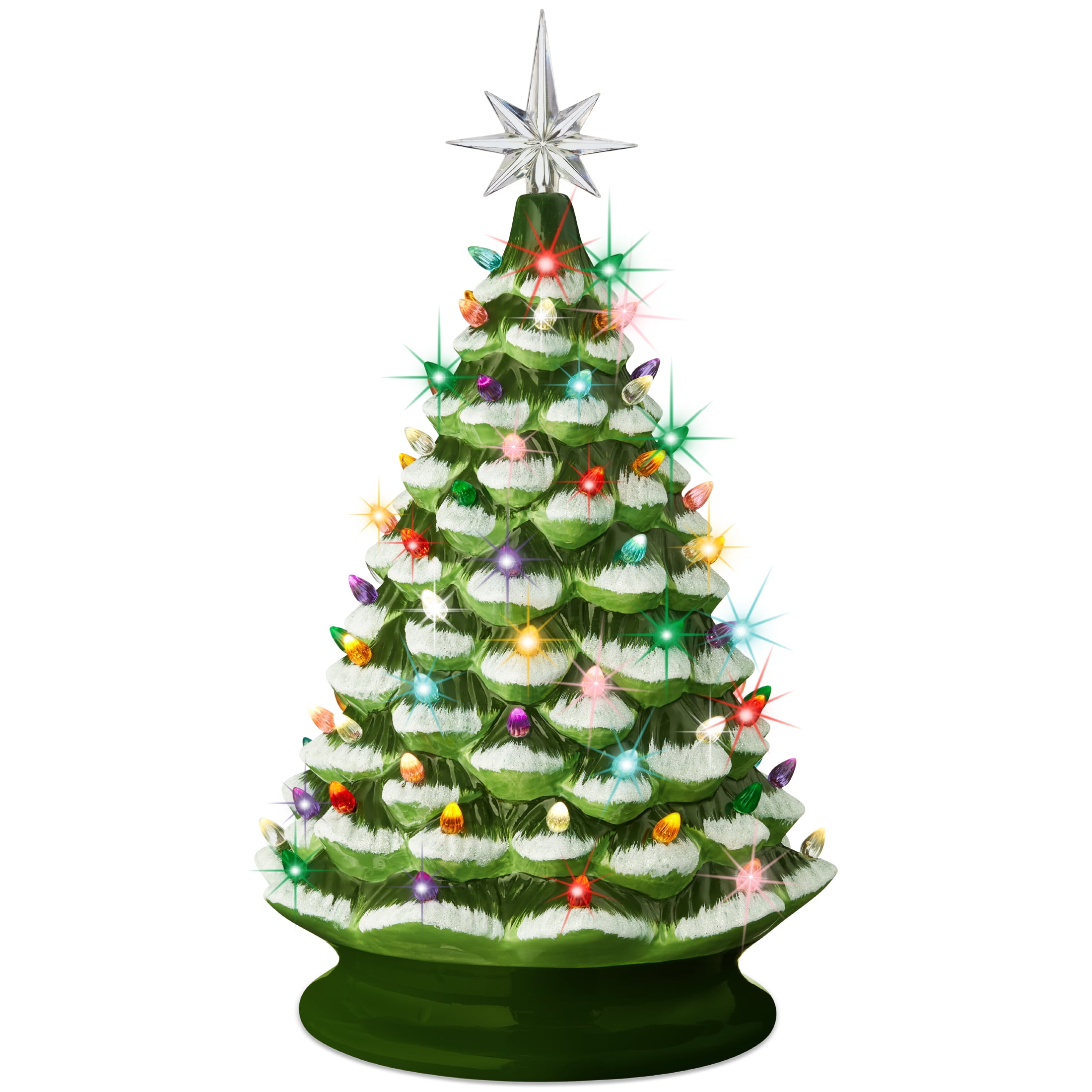 Hand-Painted Green Ceramic Tabletop Christmas Tree with Multicolor Lights