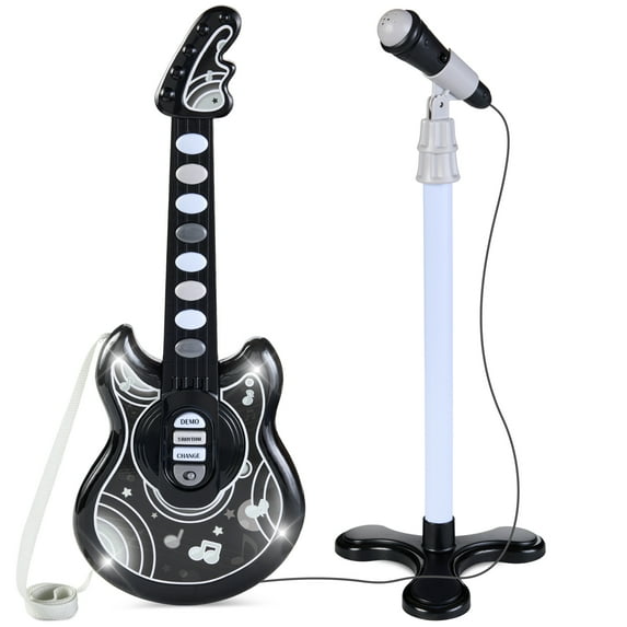 Best Choice Products 19in Kids Flash Guitar, Pretend Play Musical Instrument Toy for Toddlers w/ Mic, Stand - Black