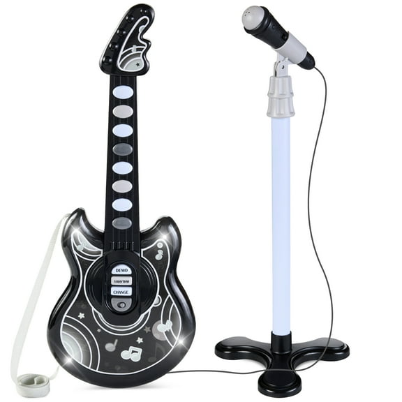 Best Choice Products 19in Kids Flash Guitar, Pretend Play Musical Instrument Toy for Toddlers w/ Mic, Stand - Black