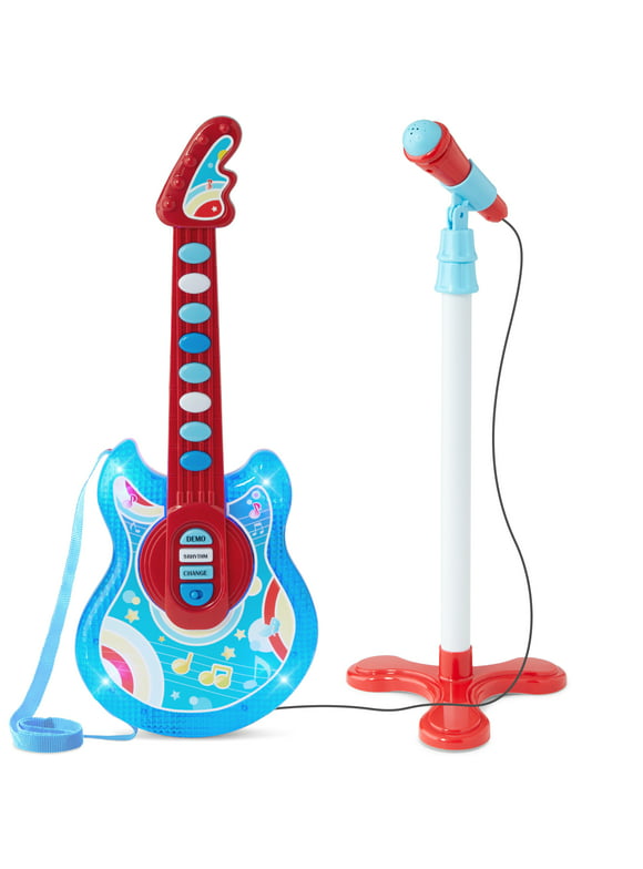 Best Choice Products 19in Kids Flash Guitar, Pretend Play Musical Instrument Toy for Toddlers w/ Mic, Stand - Blue