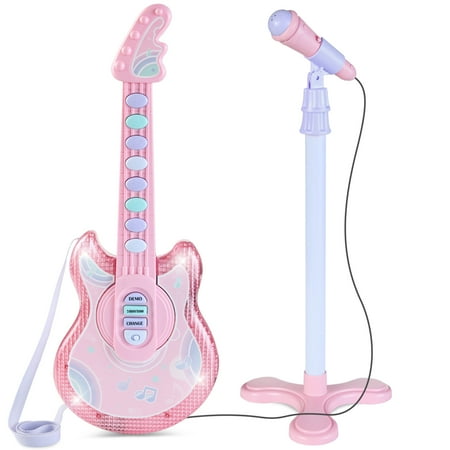 Best Choice Products 19in Kids Flash Guitar, Pretend Play Musical Instrument Toy for Toddlers w/ Mic, Stand - Soft Pink