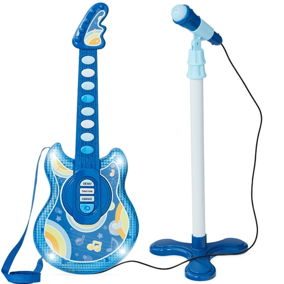 Best Choice Products 19in Kids Flash Guitar, Pretend Play Musical Instrument Toy for Toddlers w/ Mic, Stand - Navy