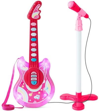 Best Choice Products 19in Kids Flash Guitar, Pretend Play Musical Instrument Toy for Toddlers w/ Mic, Stand - Pink