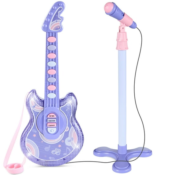 Best Choice Products 19in Kids Flash Guitar, Pretend Play Musical Instrument Toy for Toddlers w/ Mic, Stand - Purple