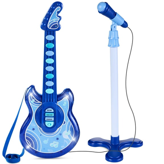 Best Choice Products 19in Kids Flash Guitar, Pretend Play Musical Instrument Toy for Toddlers w/ Mic, Stand - Royal Blue
