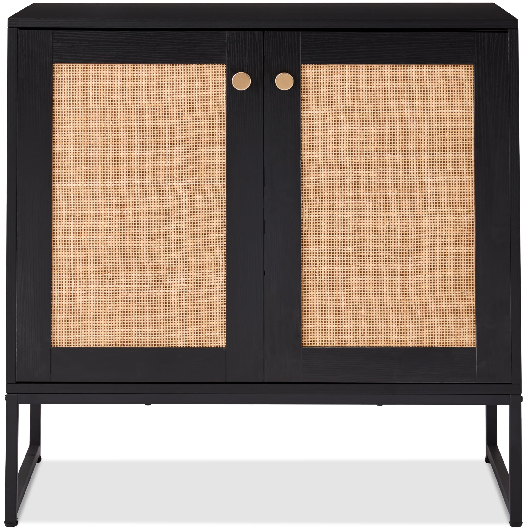 Black and Rattan 2-Door Storage Cabinet with Elevated Legs