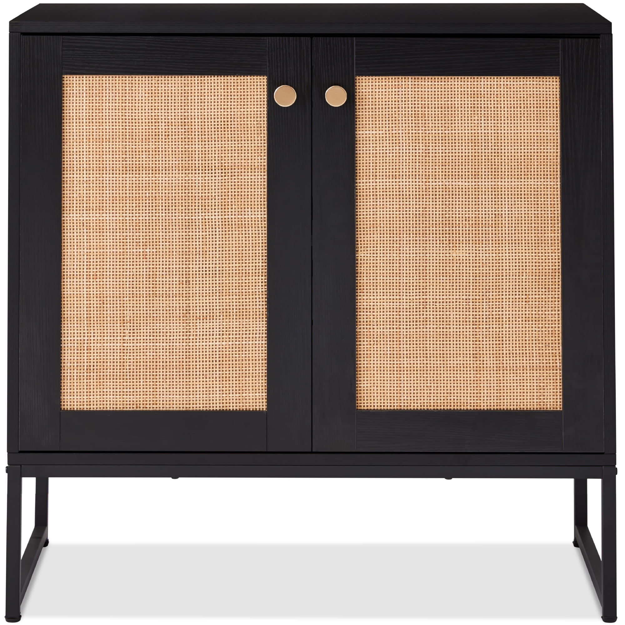 Black and Rattan 2-Door Storage Cabinet with Elevated Legs