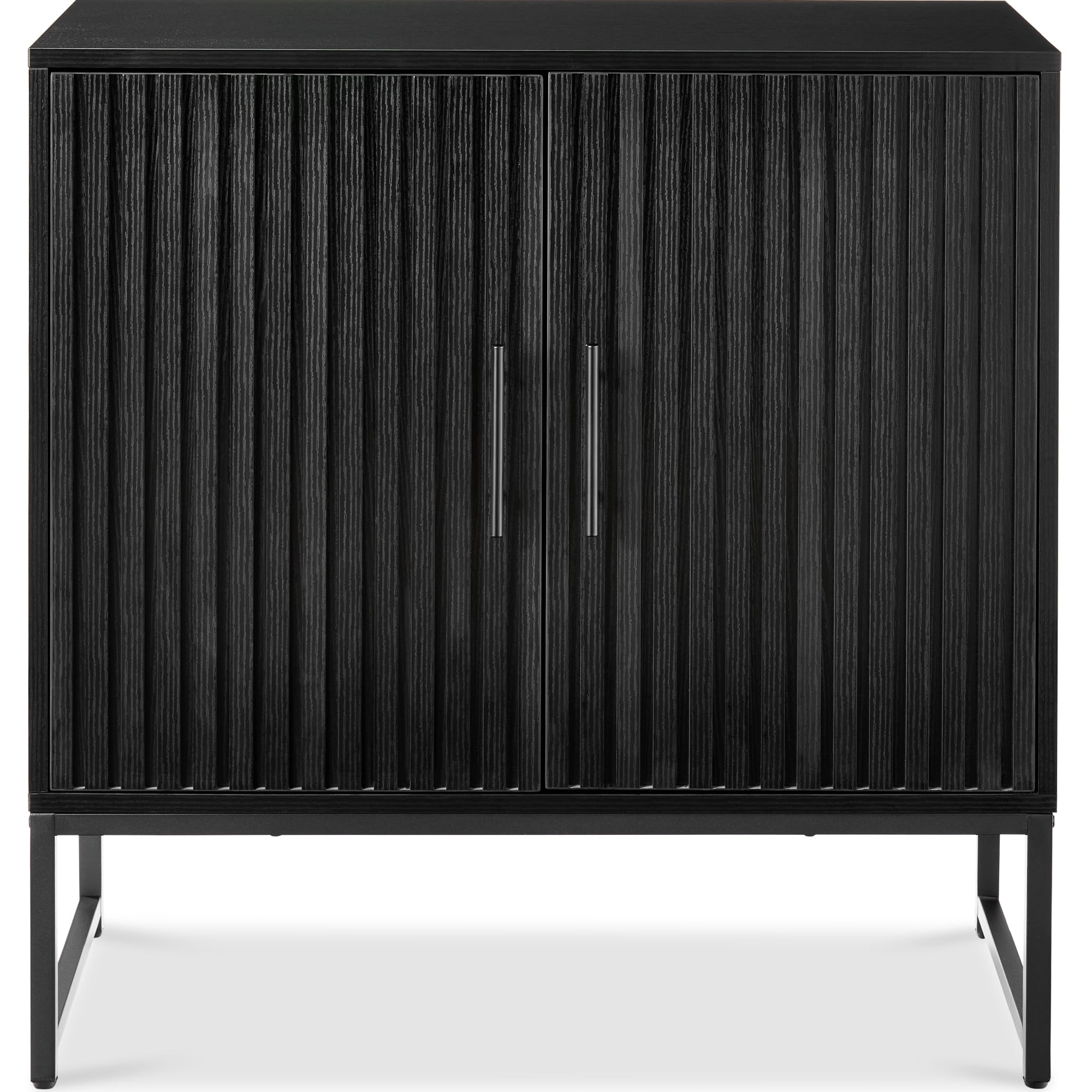 Black Engineered Wood Slatted Storage Cabinet with Metal Legs