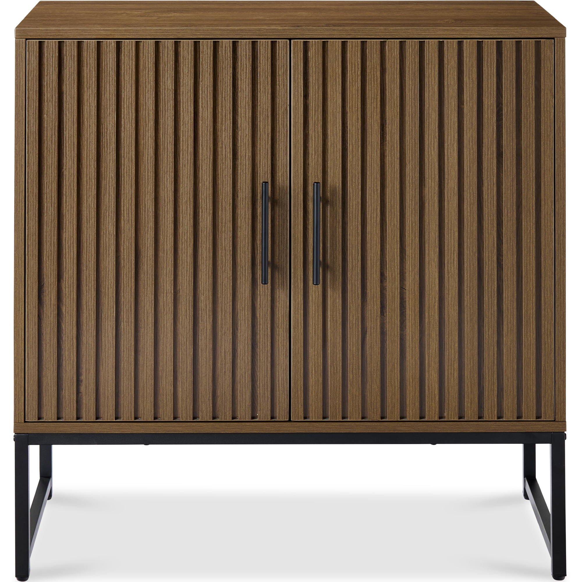 Dark Brown Slatted Freestanding Engineered Wood Cabinet with Metal Legs