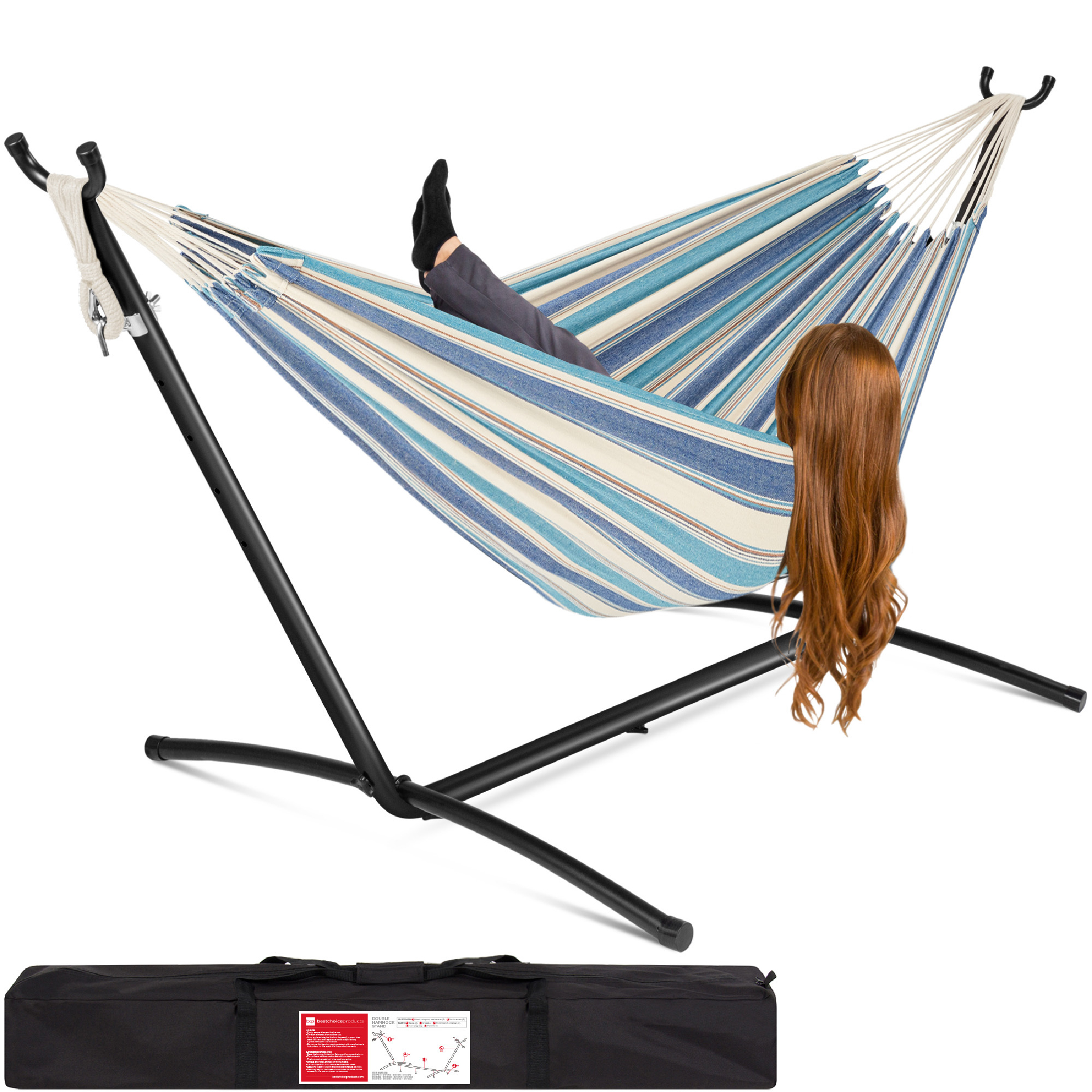 Best Choice Products 2-Person Brazilian-Style Cotton Double Hammock with Stand Set w/ Carrying Bag - Ocean - image 1 of 7