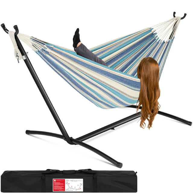 Best Choice Products 2-Person Brazilian-Style Cotton Double Hammock with Stand Set w/ Carrying Bag - Ocean