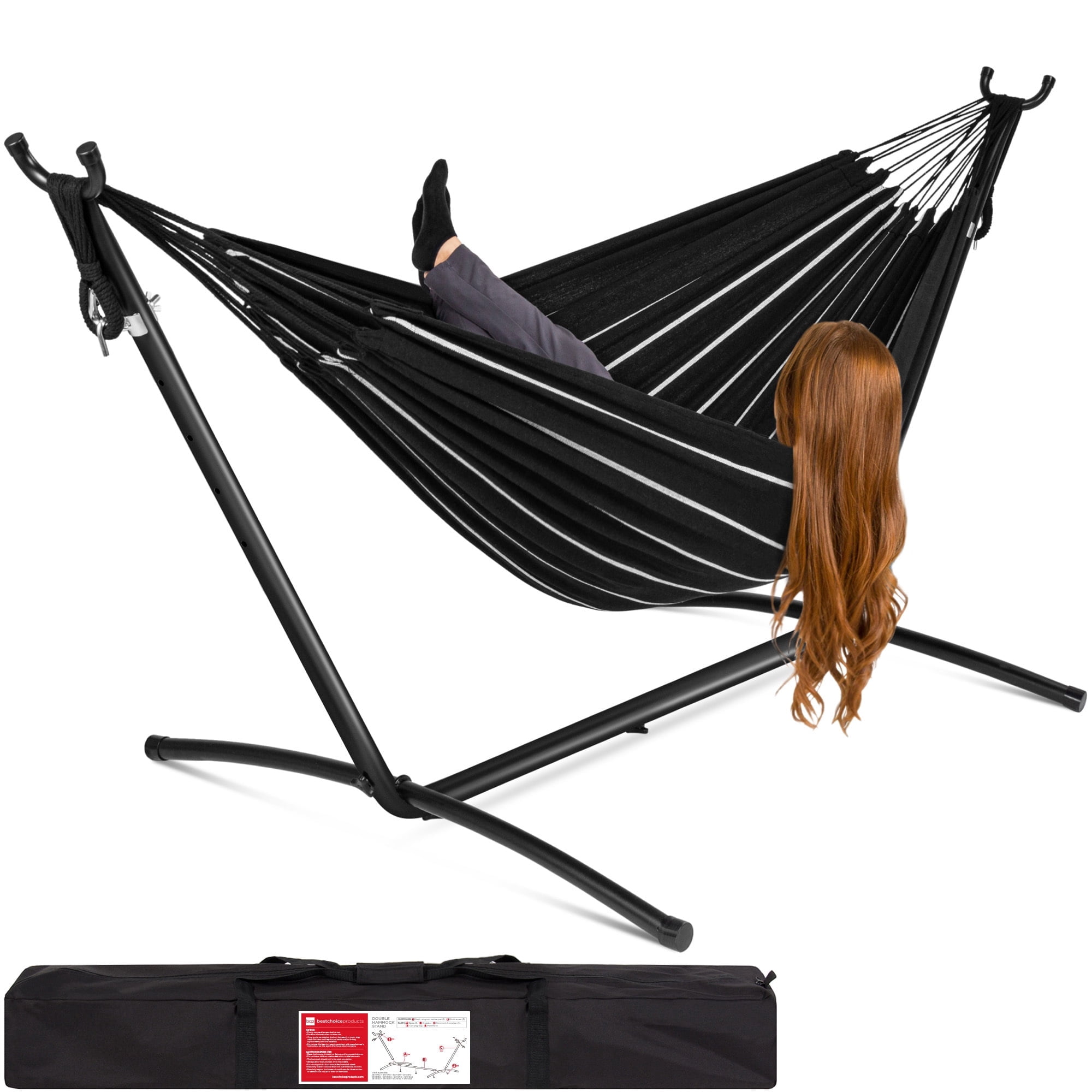 2-Person Cotton Double Hammock with Stand Set w/ Carrying Bag - Onyx