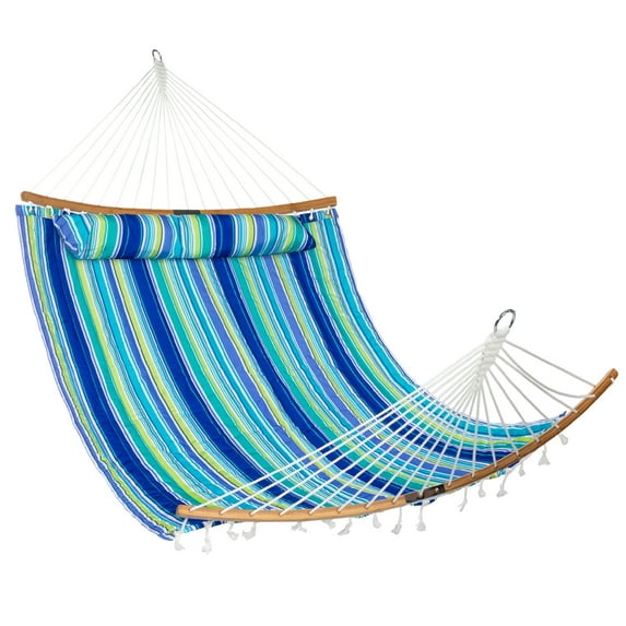 Best Choice Products 2-Person Portable Quilted Hammock w/ Curved Bamboo Spreader Bar, Pillow, Carry Bag - Blue/Green