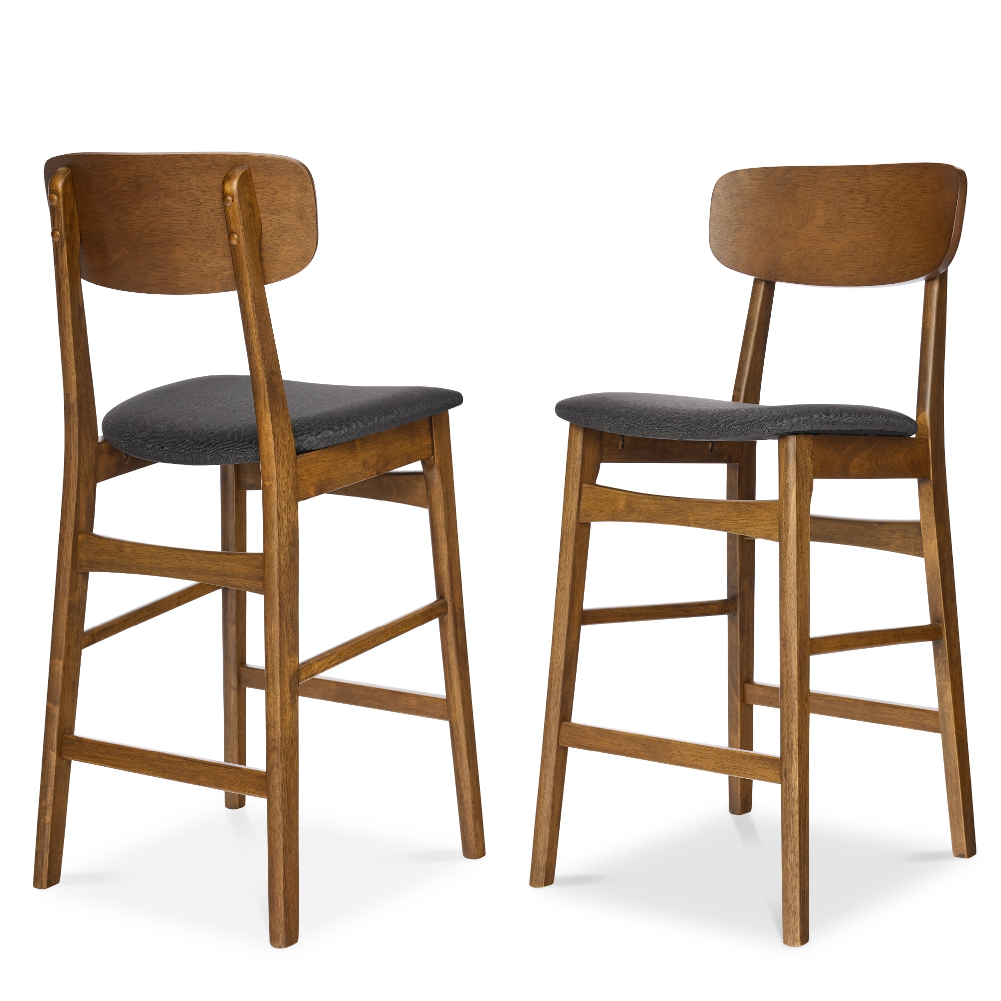 Walnut and Charcoal Upholstered Wood Counter Height Bar Stools, Set of 2