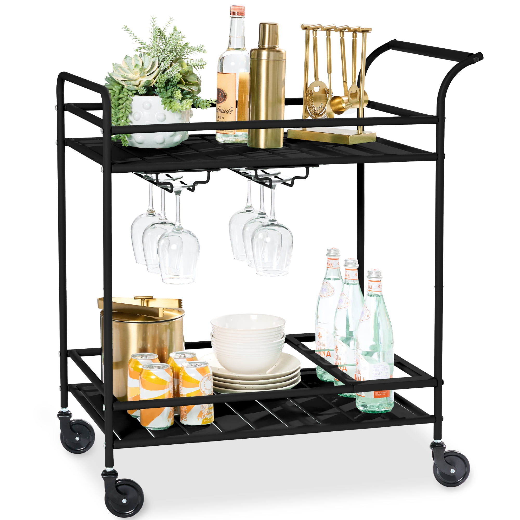 Best Choice Products 2-Tier Rolling Bar Cart Indoor/Outdoor w/ Storage Shelves, Wine Rack, Lockable Wheels - Black