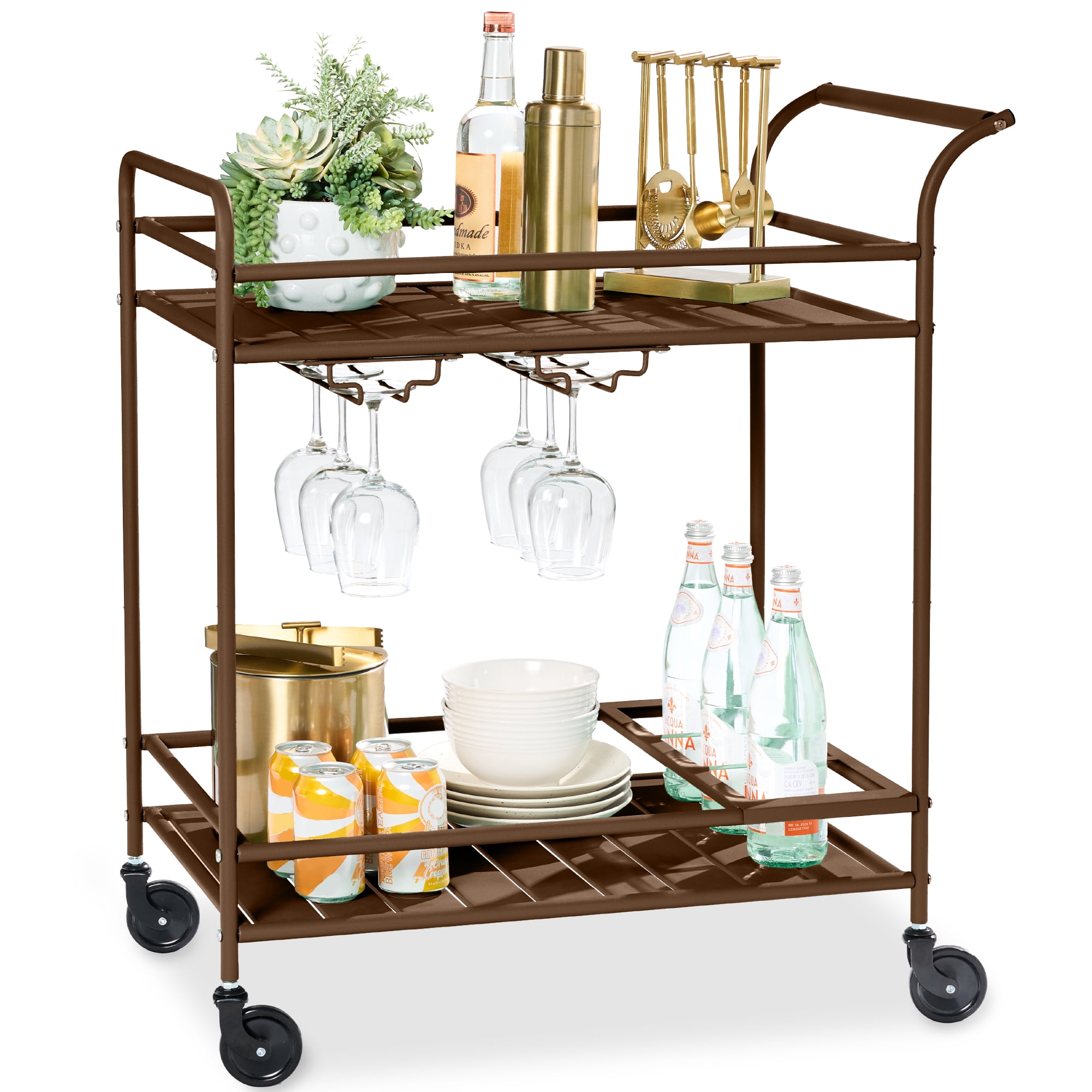 Brown Steel 2-Tier Rolling Bar Cart with Wine Rack and Storage