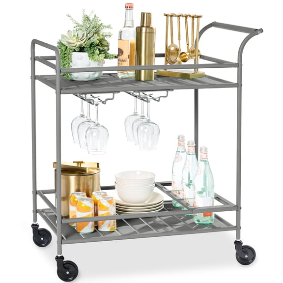 Best Choice Products 2-Tier Rolling Bar Cart Indoor/Outdoor w/ Storage Shelves, Wine Rack, Lockable Wheels - Gray