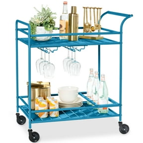 Best Choice Products 2-Tier Rolling Bar Cart Indoor/Outdoor w/ Storage Shelves, Wine Rack, Lockable Wheels - Peacock