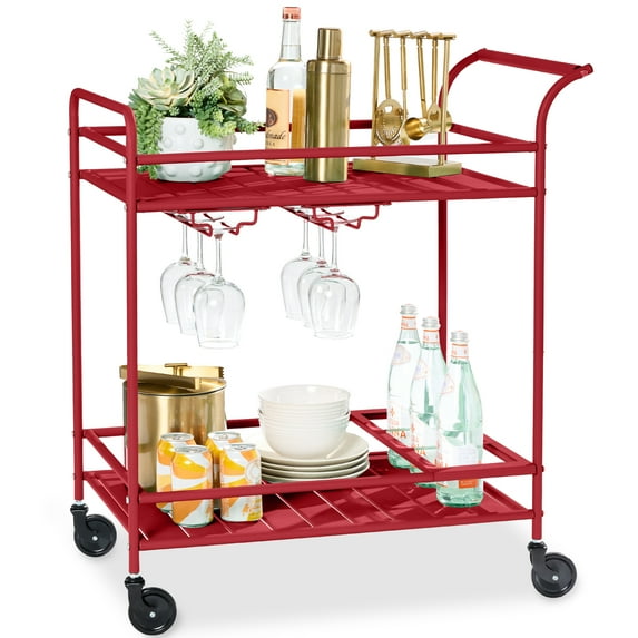 Best Choice Products 2-Tier Rolling Bar Cart Indoor/Outdoor w/ Storage Shelves, Wine Rack, Lockable Wheels - Red