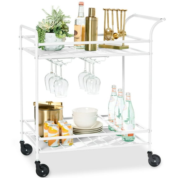 Best Choice Products 2-Tier Rolling Bar Cart Indoor/Outdoor w/ Storage Shelves, Wine Rack, Lockable Wheels - White