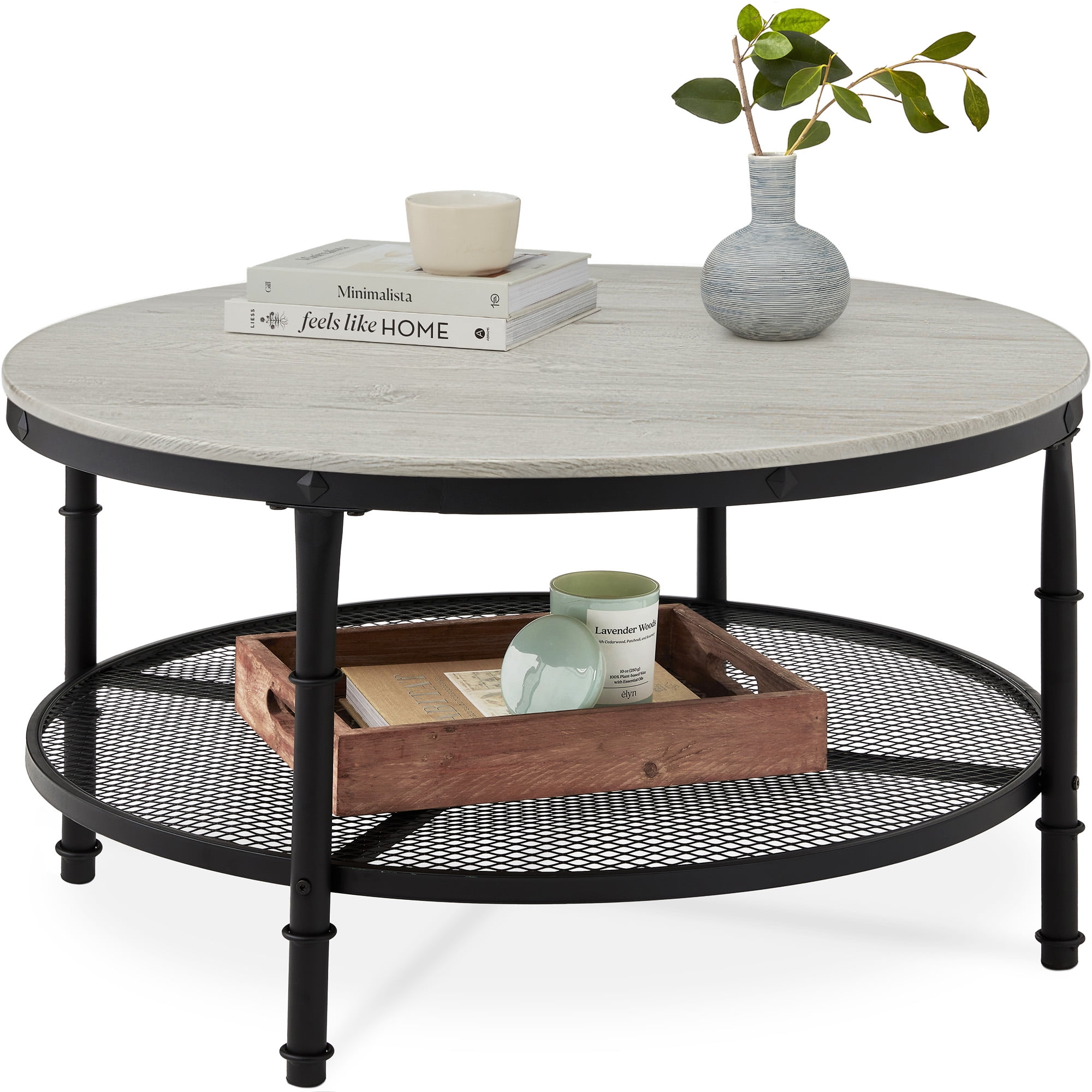 Best Choice Products 2-Tier Round Coffee Table, Rustic Accent Table w/  Wooden Tabletop, Padded Feet, Open Shelf - Gray