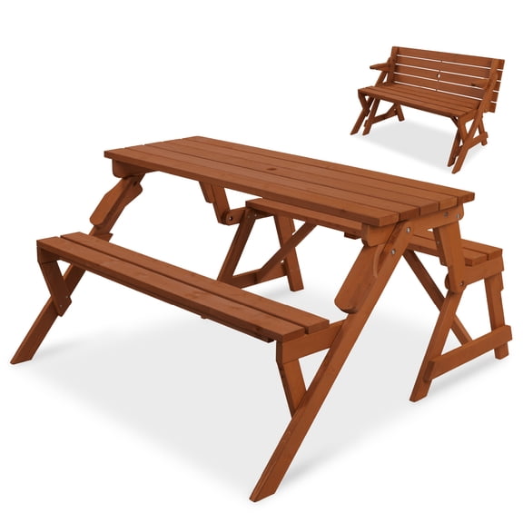 Best Choice Products 2-in-1 Outdoor Interchangeable Wooden Picnic Table/Garden Bench for w/ Umbrella Hole - Acorn