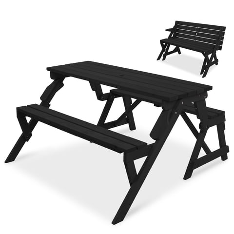Best Choice Products 2-in-1 Outdoor Interchangeable Wooden Picnic Table/Garden Bench for w/ Umbrella Hole - Black