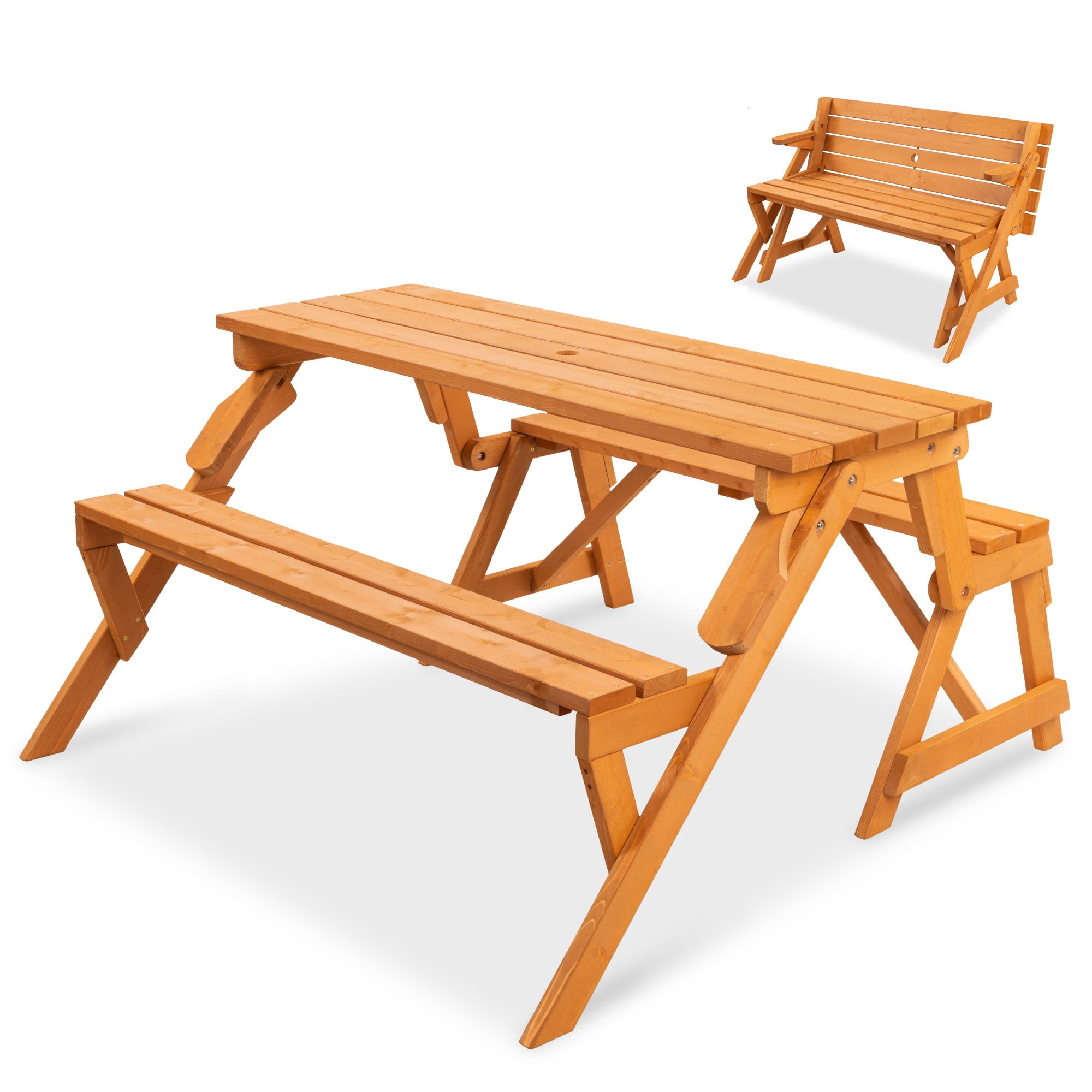 Best Choice 2-in-1 Convertible Wooden Outdoor Furniture, Picnic Table/Garden Bench with Umbrella Hole