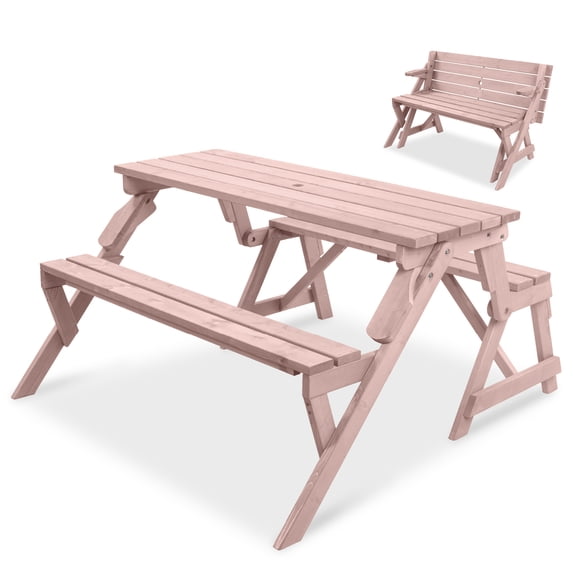 Best Choice Products 2-in-1 Outdoor Interchangeable Wooden Picnic Table/Garden Bench for w/ Umbrella Hole - Pink