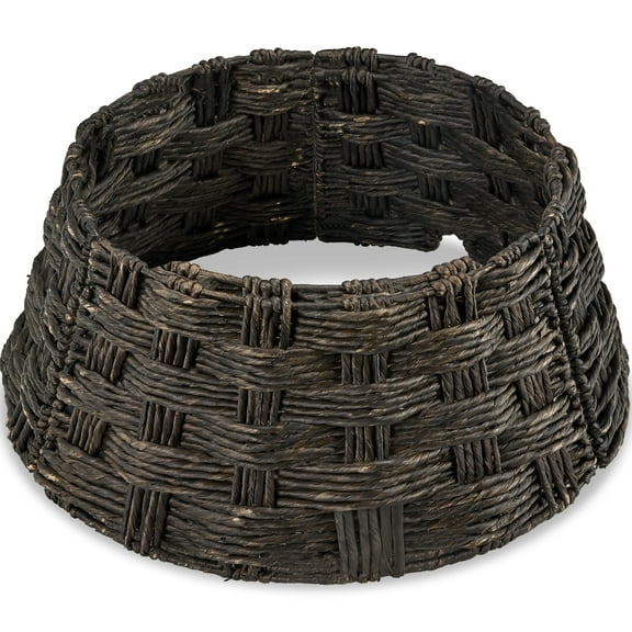 Best Choice Products 24in Basket Woven Hyacinth Christmas Tree Collar, Skirt Accessory w/ Cord Cut-Out- Espresso