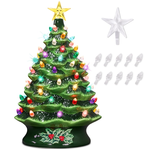 Best Choice Products 24in X-Large Pre-Lit Ceramic Christmas Tree Decor w/ 74 Dual Bulbs, LED Light - Green