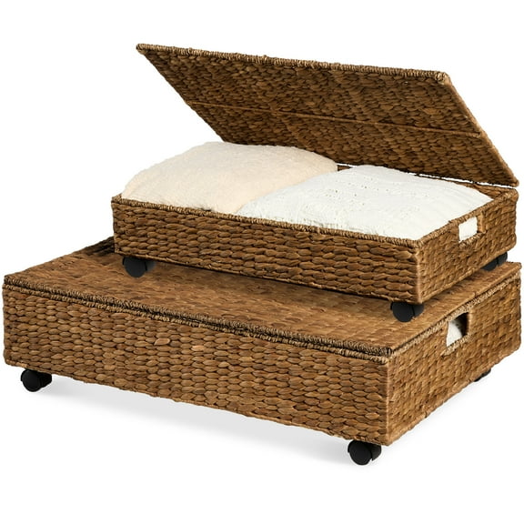 Best Choice Products 2PC Water Hyacinth Nesting Underbed Storage Baskets with Wheels - Chestnut