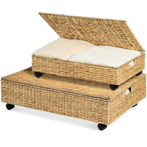 Best Choice Products 2PC Water Hyacinth Nesting Underbed Storage Baskets with Wheels - Natural