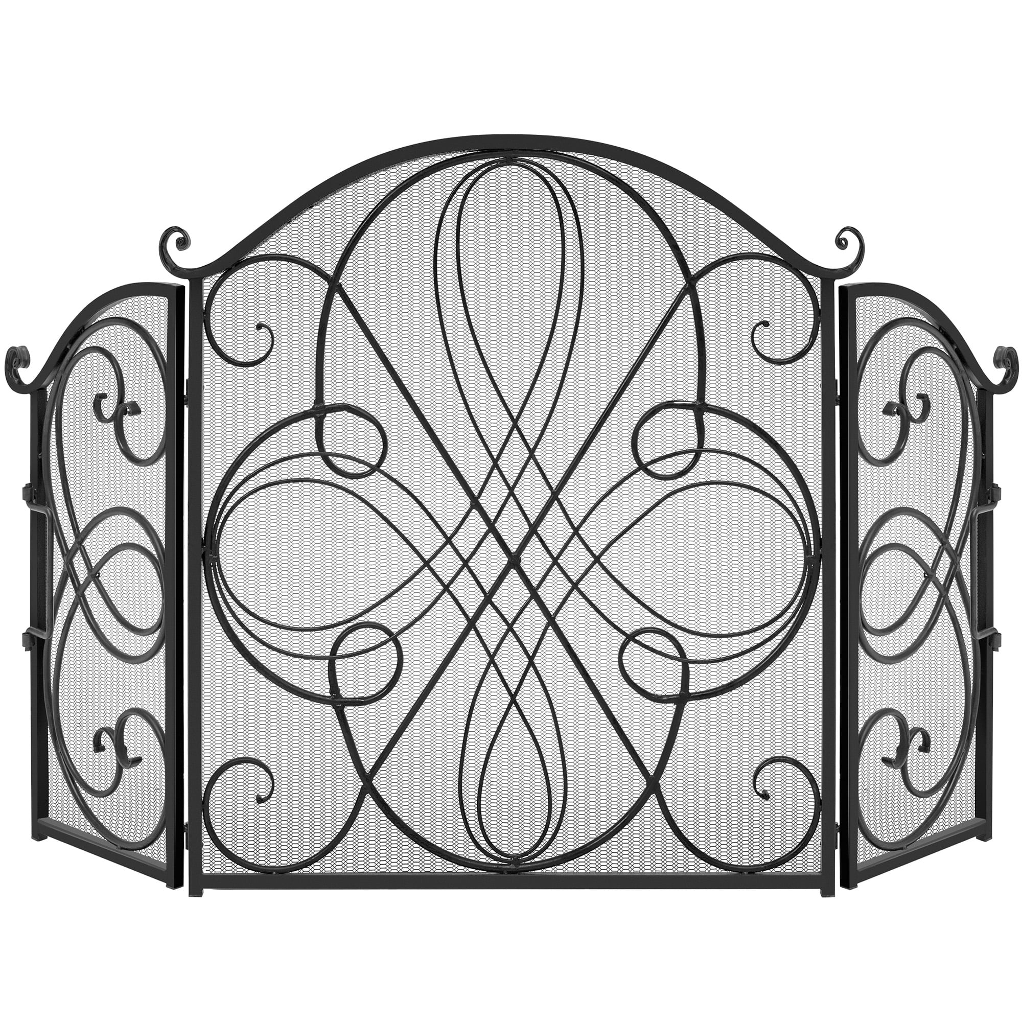 Black Wrought Iron 3-Panel Mesh Fireplace Screen with Decorative Scrolls