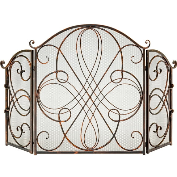 Best Choice Products 3-Panel 55x33in Wrought Iron Fireplace Safety Screen Decorative Scroll Spark Guard Cover - Copper