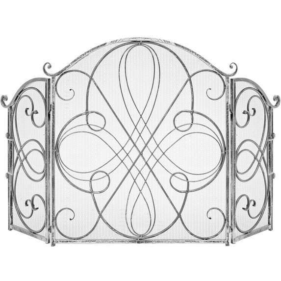 Best Choice Products 3-Panel 55x33in Wrought Iron Fireplace Safety Screen Decorative Scroll Spark Guard Cover - Pewter