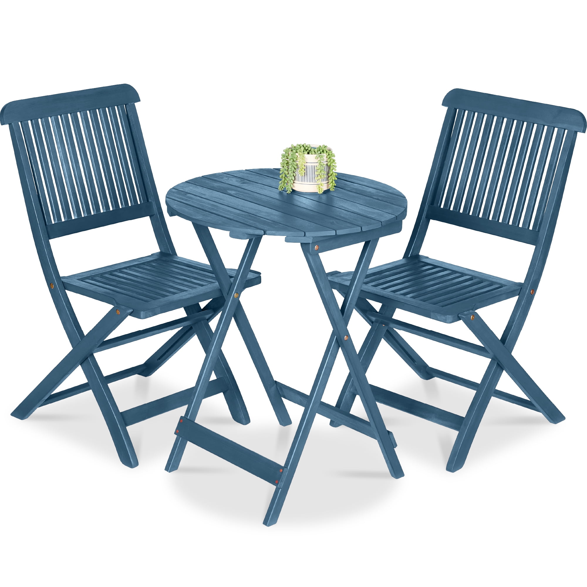 Acacia Wood Bistro Set - 3 Piece Folding Patio Set With Coffee Table & 2 Chairs | Brown Stained Outdoor Furniture For Balcony, Garden