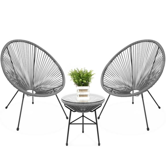 Best Choice Products 3-Piece All-Weather Patio Acapulco Bistro Furniture Set w/ Rope, Glass Top Table - Gray