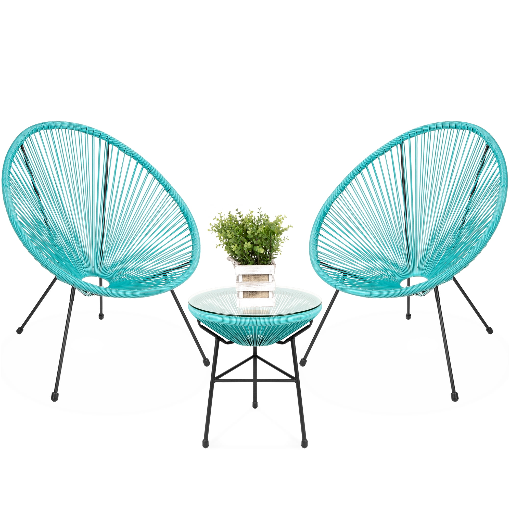 Light Blue 3-Piece Acapulco Patio Bistro Set with Rope and Glass Table