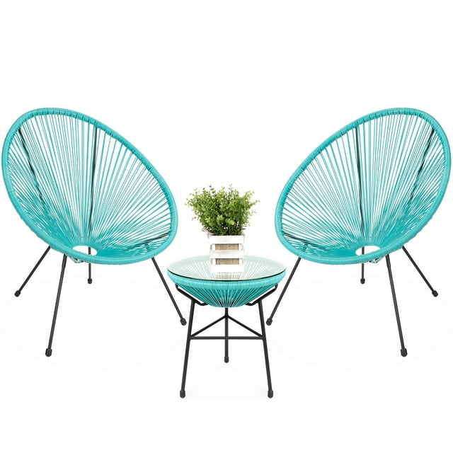 Best Choice Products 3-Piece All-Weather Patio Acapulco Bistro Furniture Set w/ Rope, Glass Top Table - Light Blue